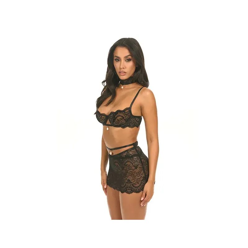 Perla Lace Three-Piece Set with Pearl Choker