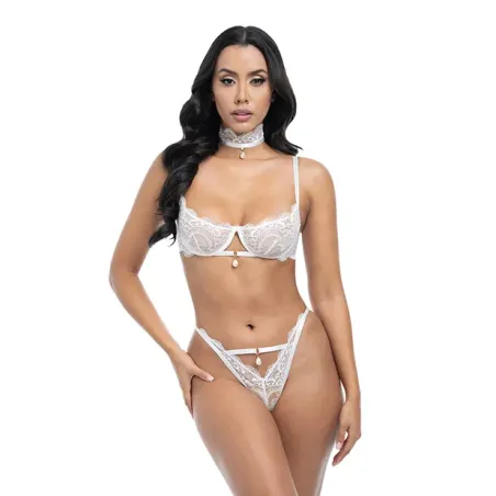 Pearla Lace Underwire Bra and Open Back Panty with Collar Set