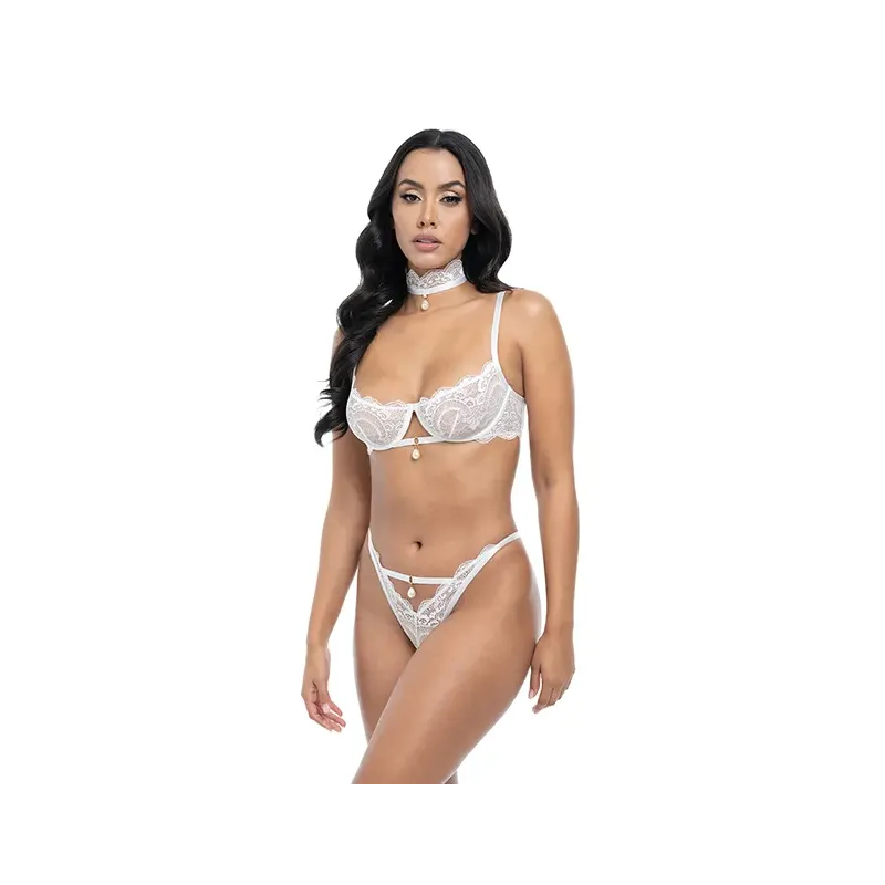 Pearla Lace Underwire Bra and Open Back Panty with Collar Set