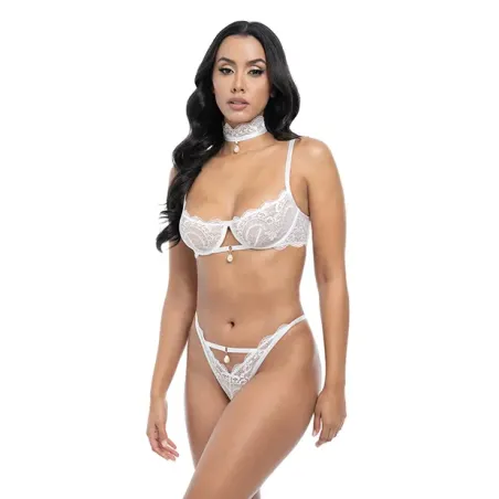 Pearla Lace Underwire Bra and Open Back Panty with Collar Set