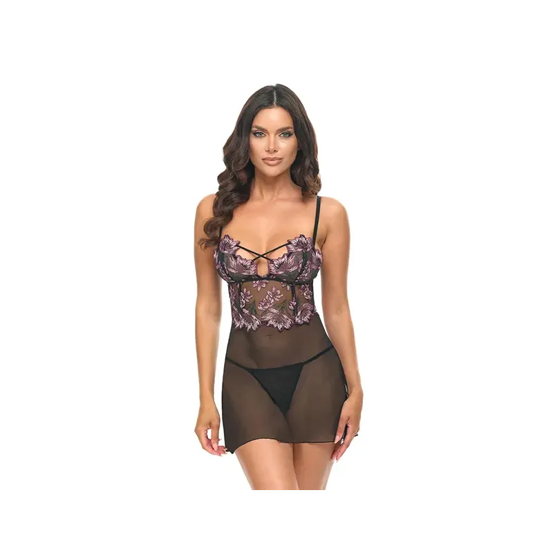 Adela Embroidered Lace Babydoll with G-String Set