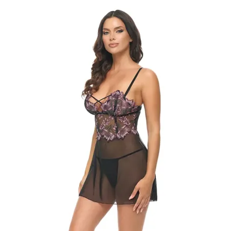 Adela Embroidered Lace Babydoll with G-String Set