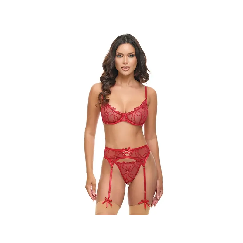 Mariah Embroidered Mesh Underwire Bra, Garter and G-String Set