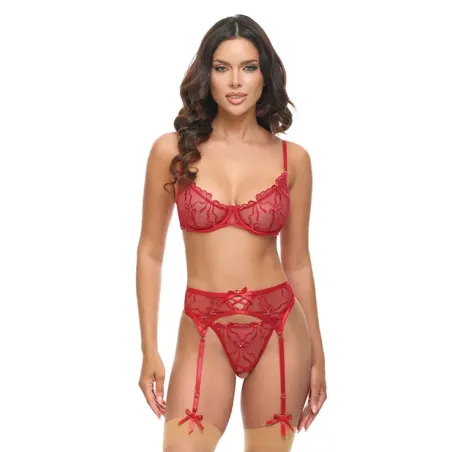 Mariah Embroidered Mesh Underwire Bra, Garter and G-String Set