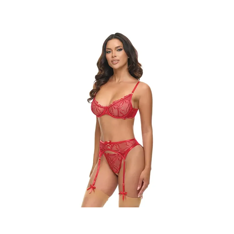 Mariah Embroidered Mesh Underwire Bra, Garter and G-String Set