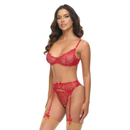 Mariah Embroidered Mesh Underwire Bra, Garter and G-String Set