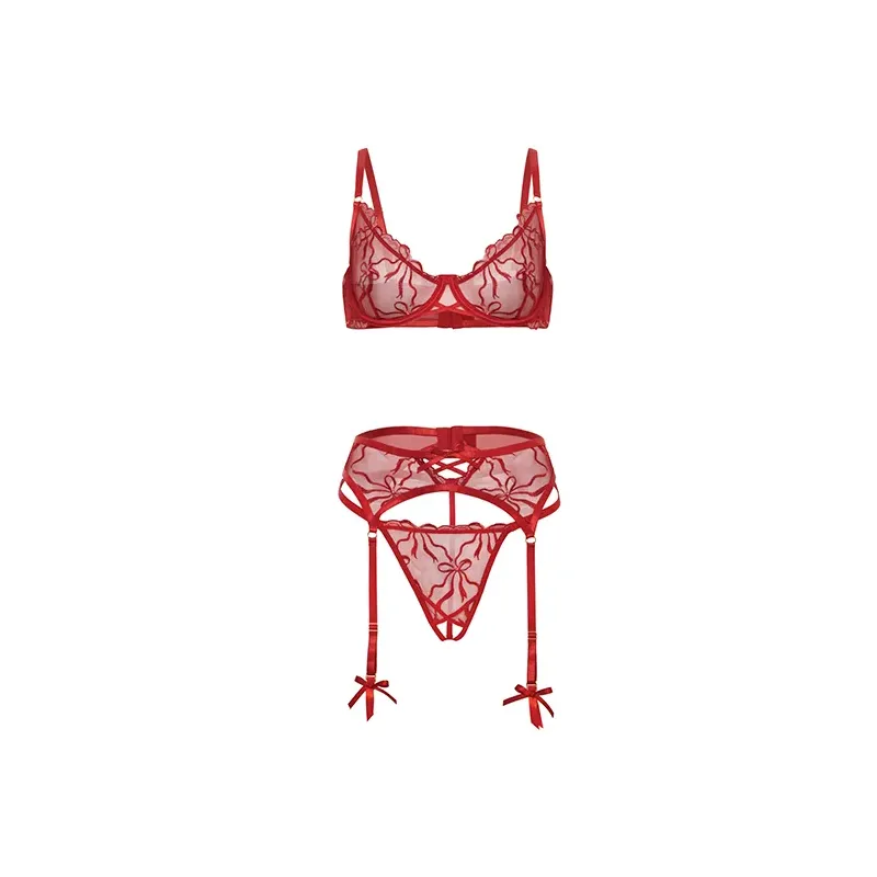 Mariah Embroidered Mesh Underwire Bra, Garter and G-String Set