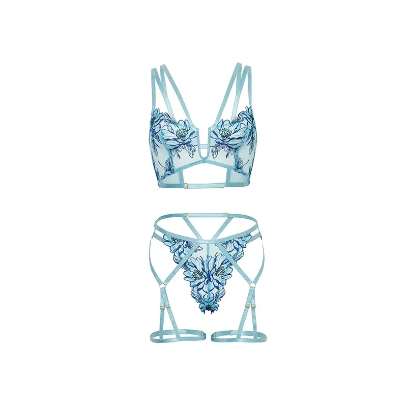Emilia Floral Embroidered Teddy with Strapping Details and Attached Double Garter