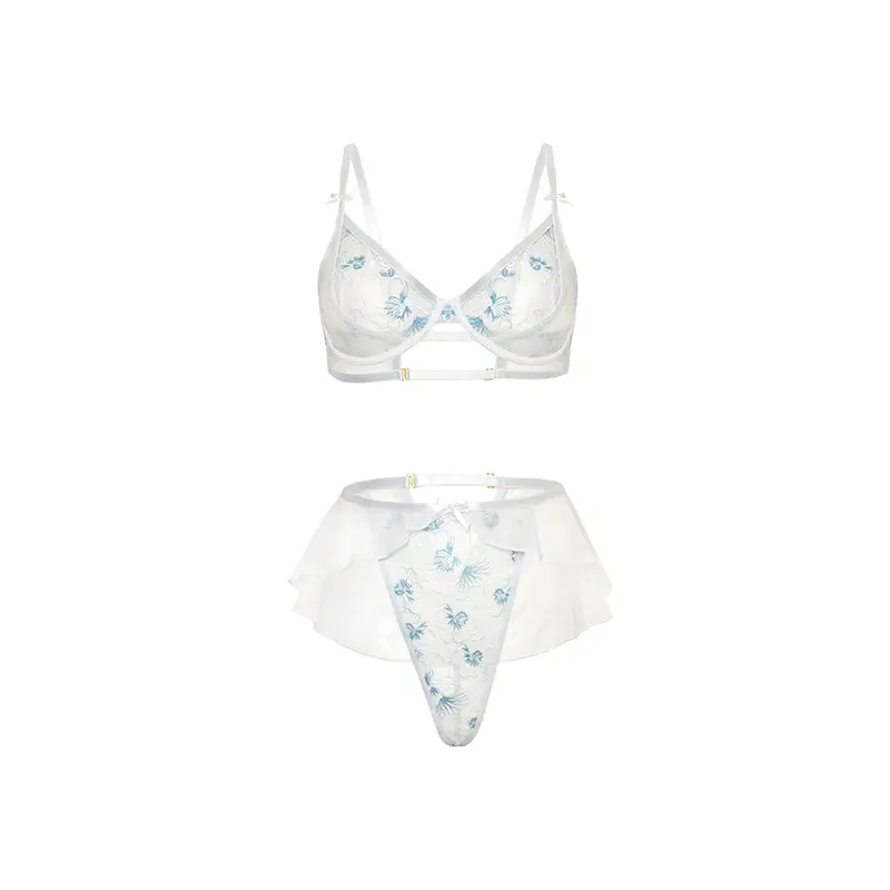 Elena Floral Embroidered Bra and Skirted G-String Set
