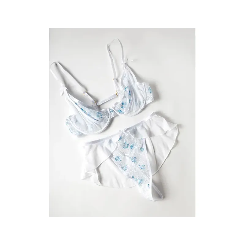 Elena Floral Embroidered Bra and Skirted G-String Set