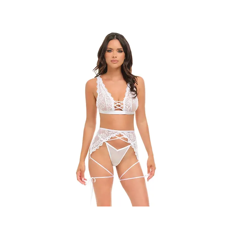 Naya Lace Three-Piece Bra Set with Garter Belt