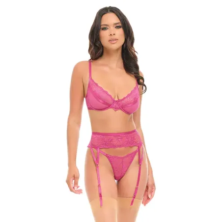 Julia Lace and Mesh Three-Piece Set with Garter Belt