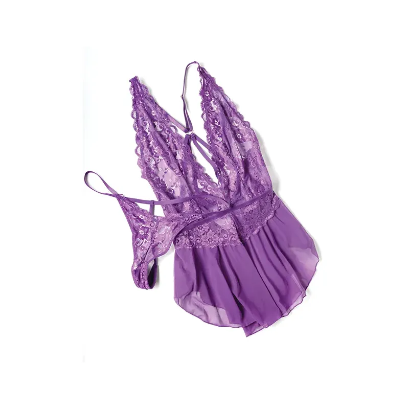 Harmony V-Plunge Lace and Mesh Babydoll with G-String