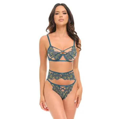 Daphne Lace Underwire 3-Piece Set with Embroidered Trim and Crossing Elastics