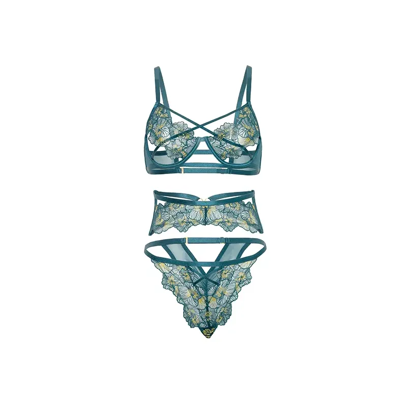 Daphne Lace Underwire 3-Piece Set with Embroidered Trim and Crossing Elastics