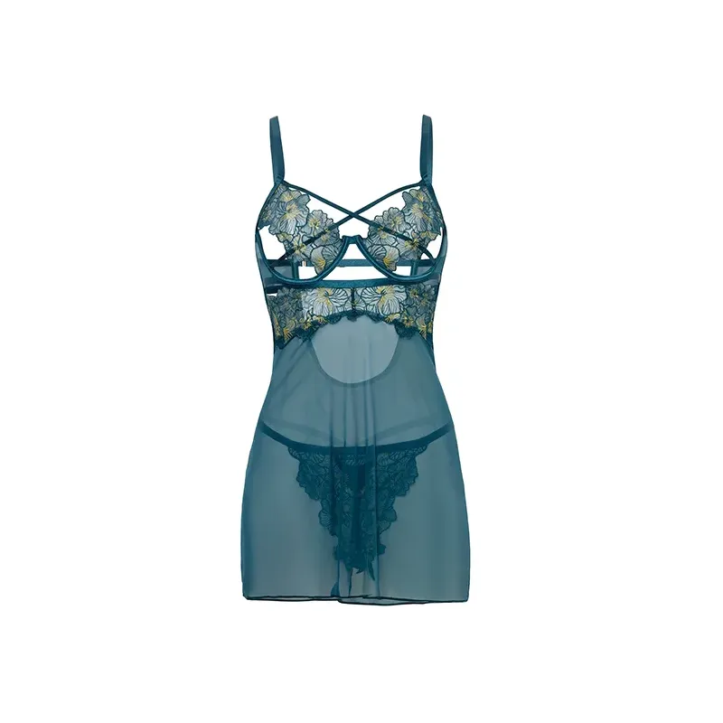 Daphne Embroidered Lace Mesh Babydoll with Crossing Elastics