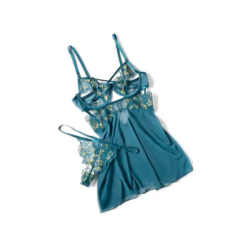 Daphne Embroidered Lace Mesh Babydoll with Crossing Elastics