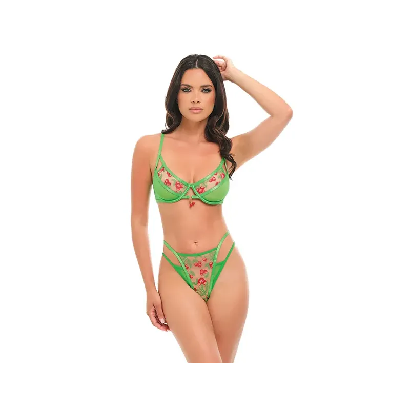 Cheri Underwire Embroidered Bra and Thong Set with Cherry Charm