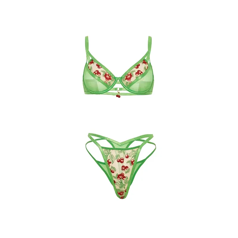Cheri Underwire Embroidered Bra and Thong Set with Cherry Charm