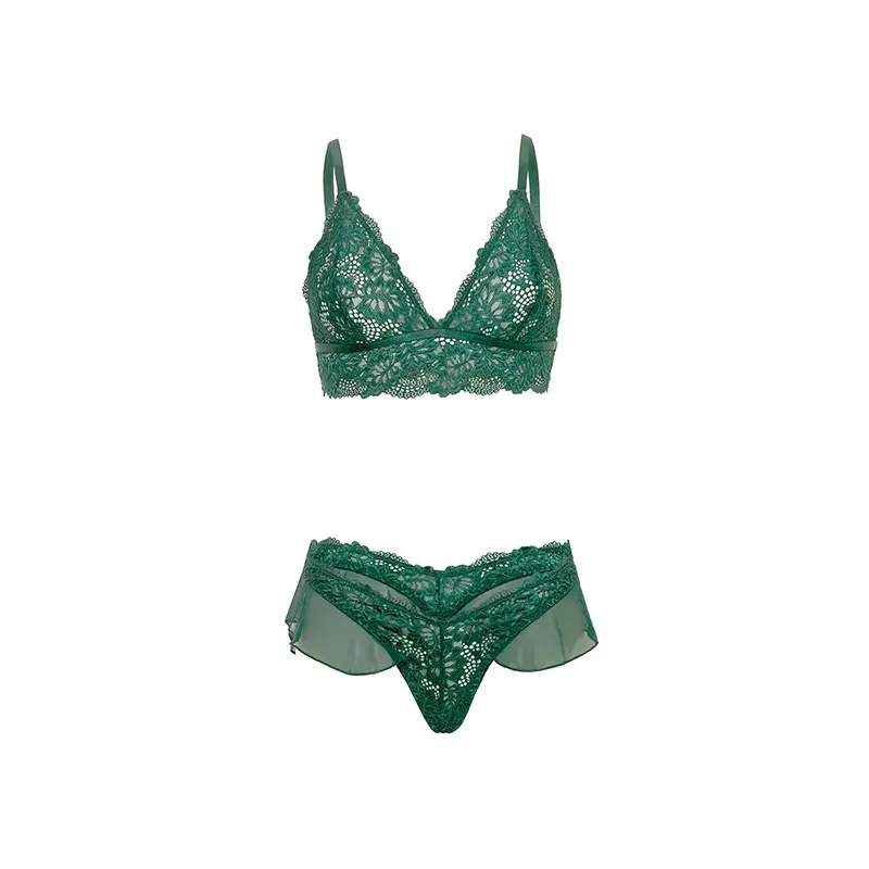 Alessia Soft Cup Lace and Mesh Bra and G-String Set with Ruffle Details