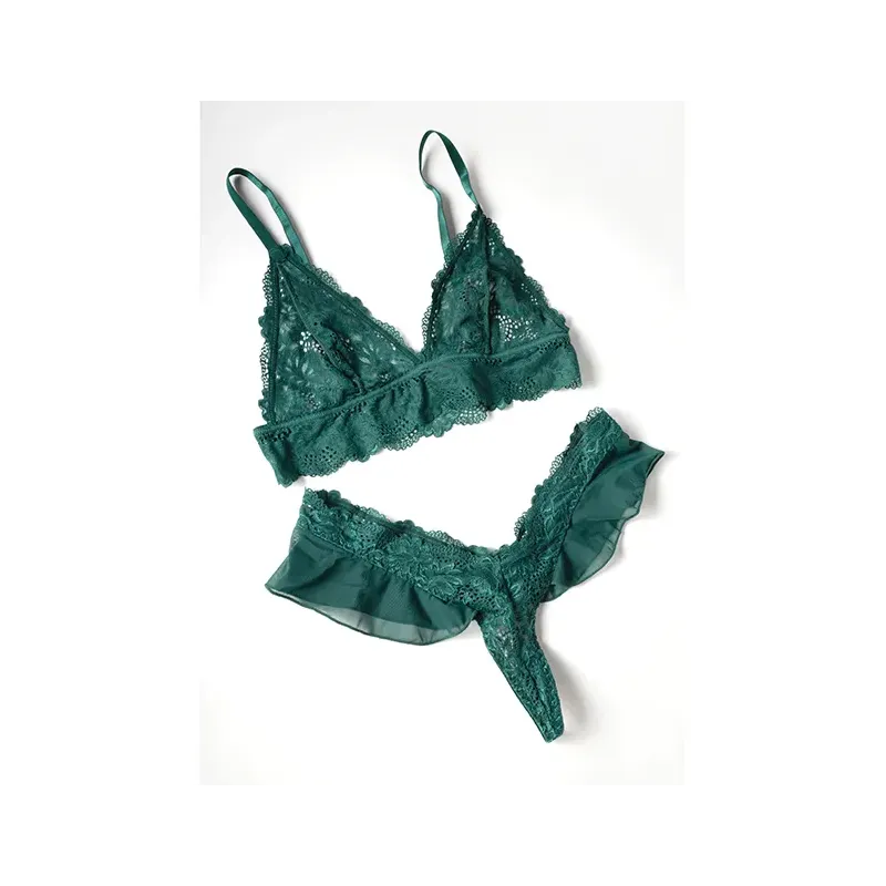 Alessia Soft Cup Lace and Mesh Bra and G-String Set with Ruffle Details