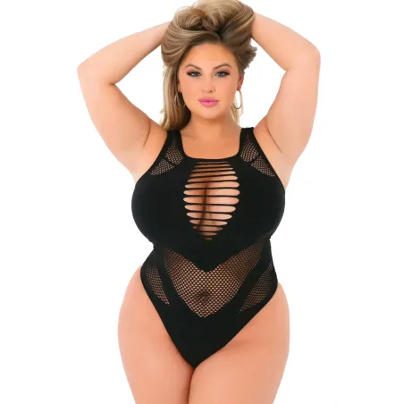 Low Blow Cut-Out Bodysuit with Fishnet Panels