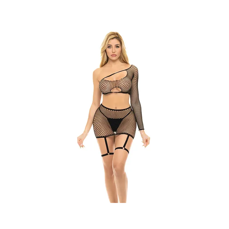 Fishnet Top, Garter Skirt and G-String Three-Piece Set