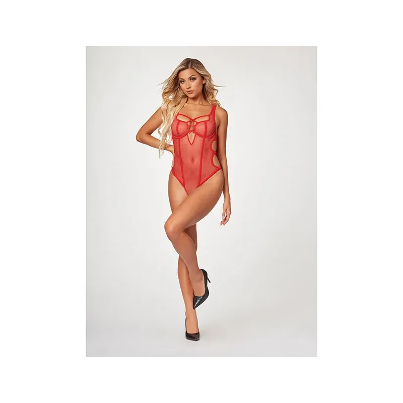 Fishnet Teddy with Strappy Detail and Detachable Garter Straps