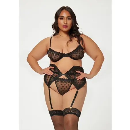 Heart Embroidered Mesh Bra, Waspie and Panty Set