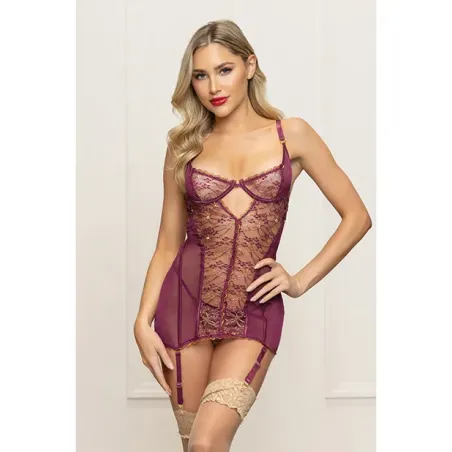 Metallic Lace and Mesh Chemise with Garters and Thong
