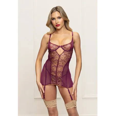 Metallic Lace and Mesh Chemise with Garters and Thong