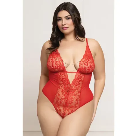 Lace and Mesh Rhinestone Teddy with Open Crotch