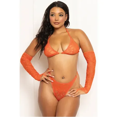 Floral Lace Halter Triangle Bra, Thong and Gauntlet Gloves Set