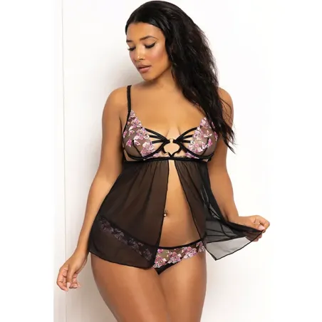 Floral Lace Mesh Underwire Babydoll with Open Back Panty Set