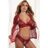 Lace Embroidered Robe, Bra and Open Crotch Panty Set